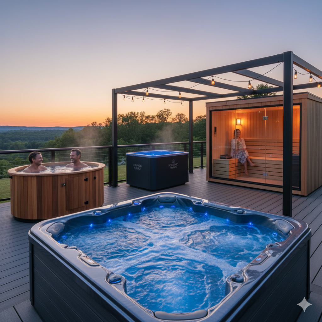 alt="Harmonic Hot Tub, Nordic Hot Tub, and Icelandic Plunge with Finnleo Sauna on an outdoor deck overlooking a scenic landscape at sunset"